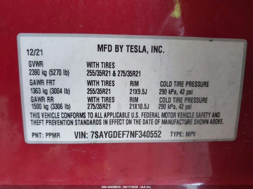 2022 Tesla Model y VIN 7SAYGDEF7NF340552 IAAI salvage auction — REAR END, Wait Title, sold $11,950 on 2026-09-03 (photo 9)