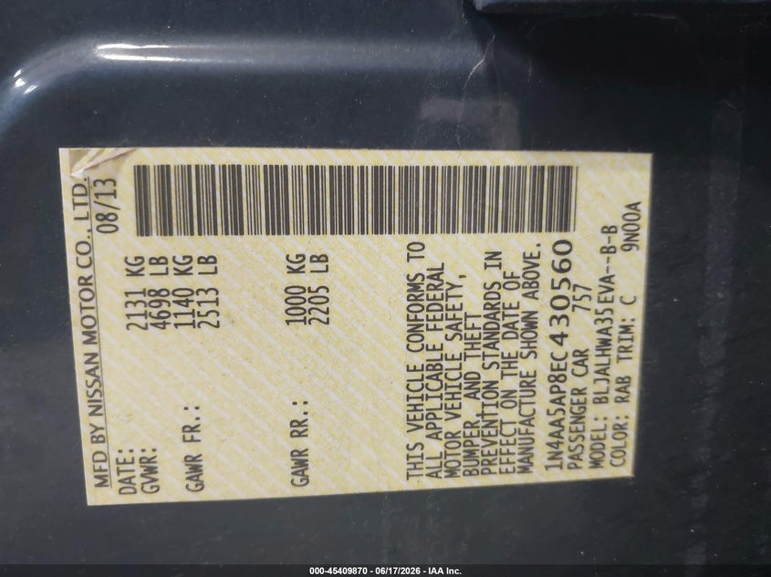 2014 Nissan Maxima VIN 1N4AA5AP8EC430560 IAAI salvage auction — FRONT END, Salvage (Idaho), sold $450 on 2026-07-10 (photo 9)