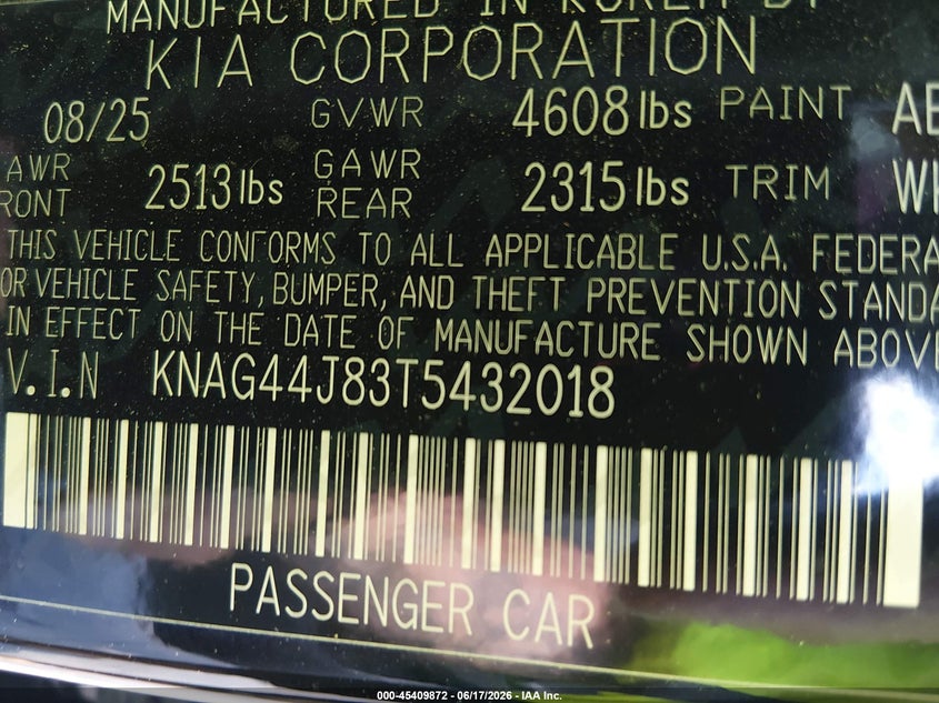 2026 Kia K5 VIN KNAG44J83T5432018 IAAI salvage auction — ROLLOVER, Salvage (North Carolina), sold $3,150 on 2026-07-22 (photo 9)