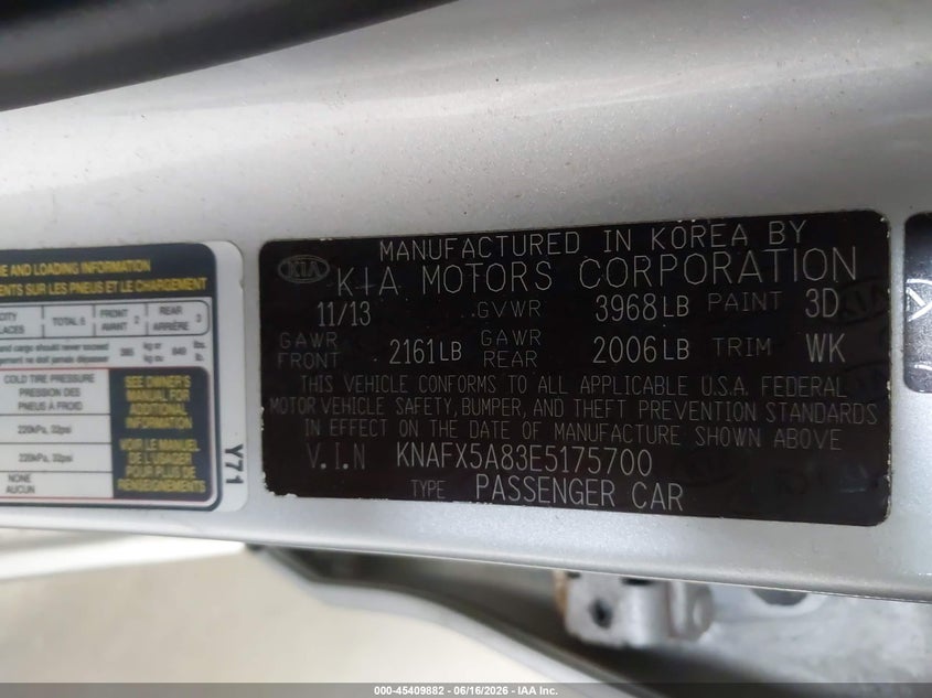 2014 Kia Forte VIN KNAFX5A83E5175700 IAAI salvage auction — NORMAL WEAR, Clear (Michigan), sold $425 on 2026-07-13 (photo 9)