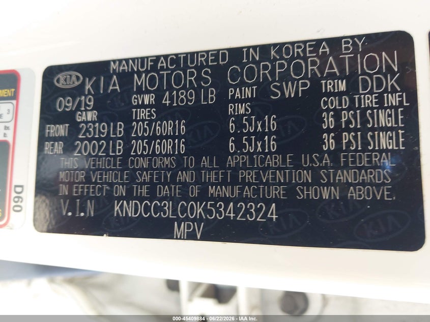 2019 Kia Niro VIN KNDCC3LC0K5342324 IAAI salvage auction — FRONT & REAR, Salvage (Idaho), sold $3,900 on 2026-07-10 (photo 9)