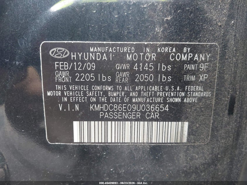 2009 Hyundai Elantra VIN KMHDC86E09U036654 IAAI salvage auction — FRONT END, Clear (Virginia), sold $250 on 2026-07-21 (photo 9)