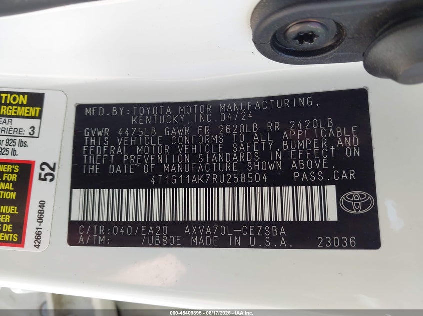 2024 Toyota Camry VIN 4T1G11AK7RU258504 IAAI salvage auction — LEFT FRONT, Salvage Title, sold $7,000 on 2026-08-06 (photo 9)