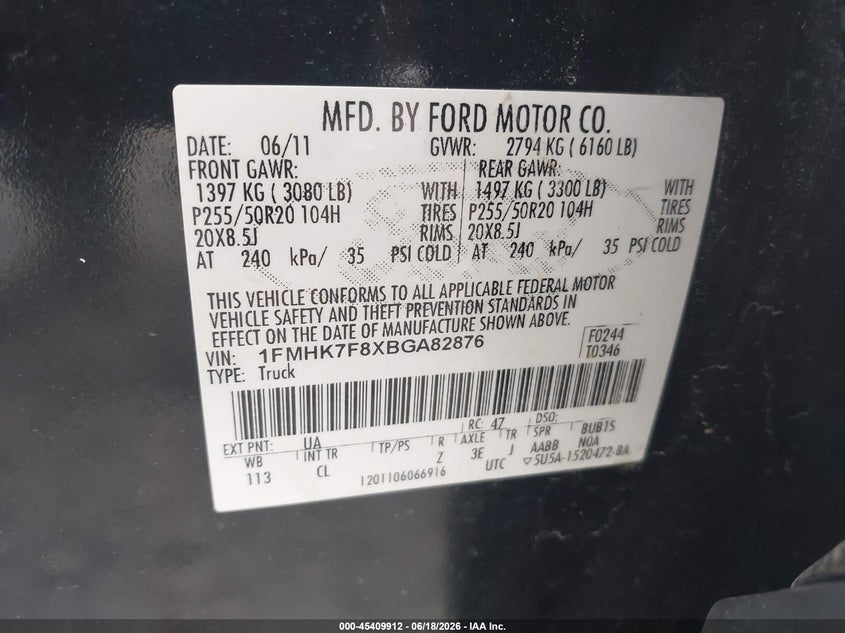 2011 Ford Explorer VIN 1FMHK7F8XBGA82876 IAAI salvage auction — LEFT FRONT, Clear (Arkansas), sold $725 on 2026-07-23 (photo 9)