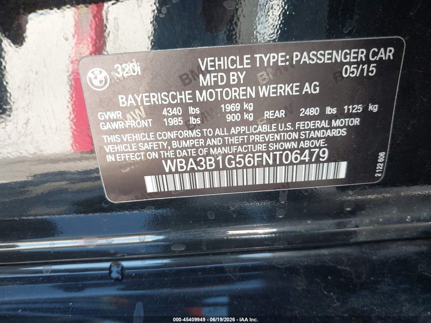 2015 BMW 3er VIN WBA3B1G56FNT06479 IAAI salvage auction — RIGHT FRONT, Salvage (Arizona), sold $2,675 on 2026-07-07 (photo 9)