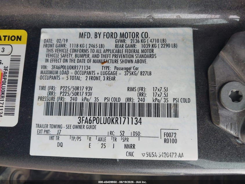 2019 Ford Fusion VIN 3FA6P0LU0KR171134 IAAI salvage auction — FRONT & REAR, Salvage (Texas), sold $725 on 2026-07-09 (photo 9)
