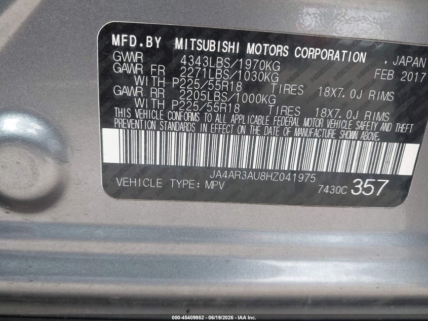 2017 Mitsubishi Outlander VIN JA4AR3AU8HZ041975 IAAI salvage auction — FRONT END, Salvage (Massachusetts), sold $1,400 on 2026-08-01 (photo 9)