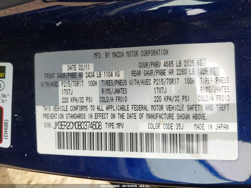 2011 Mazda Cx-7 VIN JM3ER2CM0B0374608 IAAI salvage auction — LEFT SIDE, Salvage - Greater Than 75% (Maryland), sold $650 on 2026-07-15 (photo 9)