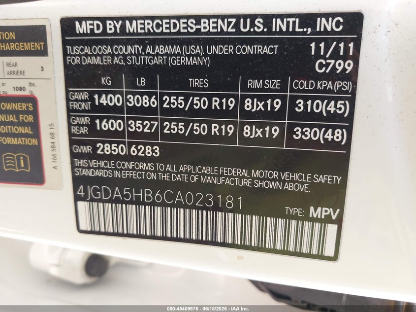 2012 Mercedes-benz M-klasse VIN 4JGDA5HB6CA023181 IAAI salvage auction — REAR END, Clear (Indiana), sold $3,700 on 2026-07-10 (photo 9)