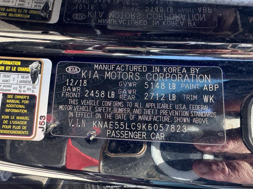 2019 Kia Stinger VIN KNAE55LC9K6057823 IAAI salvage auction — UNKNOWN, Clear (Maryland), sold $11,400 on 2026-07-19 (photo 9)