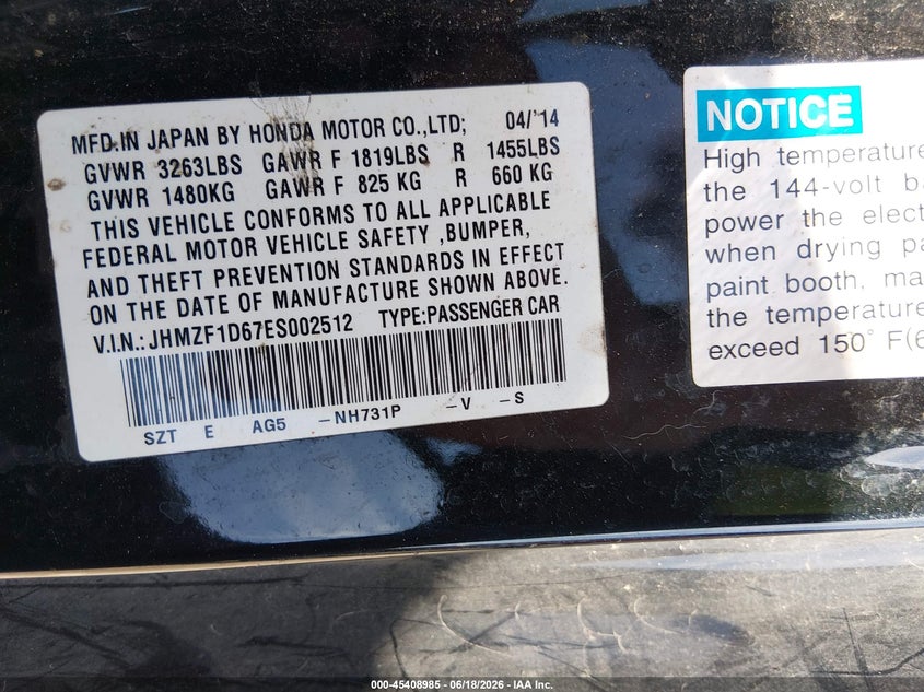 2014 Honda Cr-z VIN JHMZF1D67ES002512 IAAI salvage auction — FRONT END, Salvage (Texas), sold $25 on 2026-07-28 (photo 9)