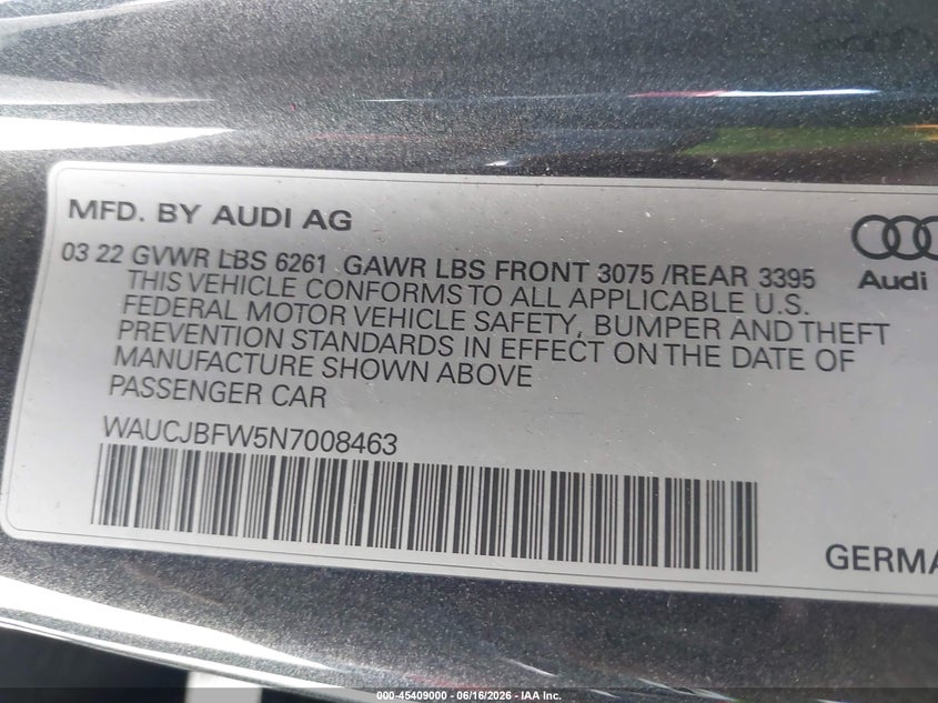 2022 Audi E-tron gt VIN WAUCJBFW5N7008463 IAAI salvage auction — LEFT FRONT, Salvage Title, sold $17,500 on 2026-08-06 (photo 9)