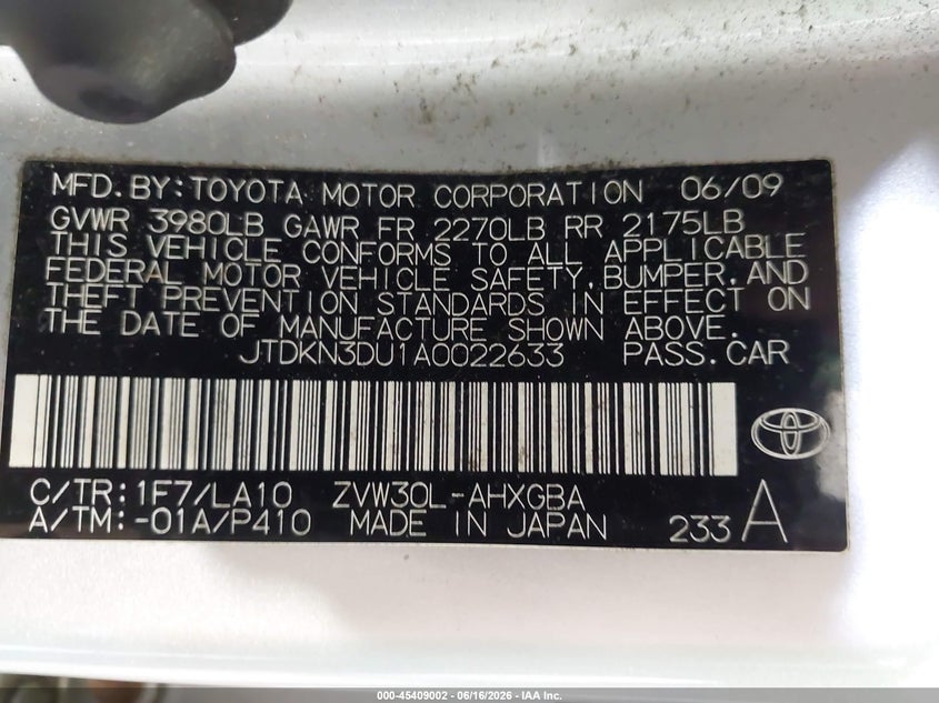 2010 Toyota Prius VIN JTDKN3DU1A0022633 IAAI salvage auction — NORMAL WEAR, Clear (New York), sold $1,050 on 2026-07-08 (photo 9)