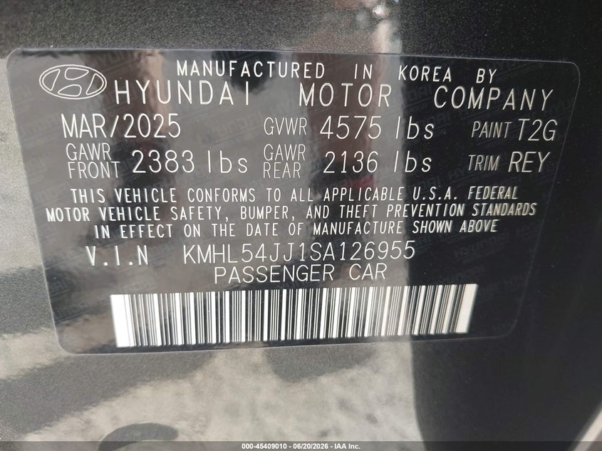 2025 Hyundai Sonata VIN KMHL54JJ1SA126955 IAAI salvage auction — LEFT FRONT, Salvage Title, sold $15,200 on 2026-07-17 (photo 9)