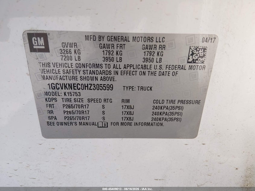 2017 Chevrolet Silverado 1500 VIN 1GCVKNEC0HZ305599 IAAI salvage auction — NORMAL WEAR, Sf97 (California), sold $15,475 on 2026-07-30 (photo 9)