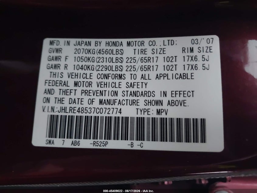 2007 Honda Cr-v VIN JHLRE48537C072774 IAAI salvage auction — NORMAL WEAR, Clear (Illinois), sold $975 on 2026-07-22 (photo 9)