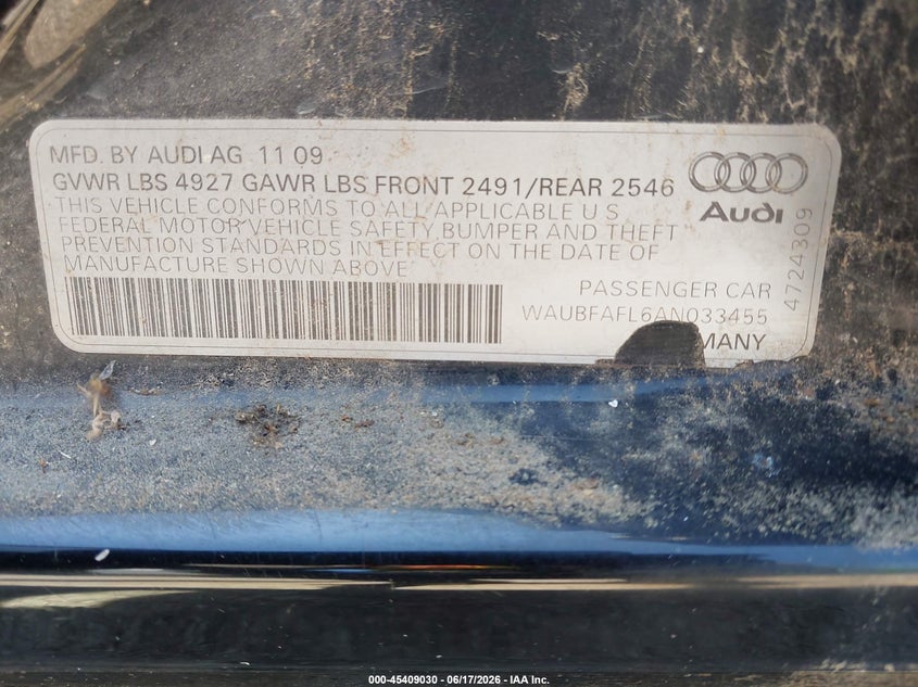 2010 Audi A4 VIN WAUBFAFL6AN033455 IAAI salvage auction — NORMAL WEAR, Clear - Public Restricted (Oklahoma), sold $375 on 2026-07-14 (photo 9)