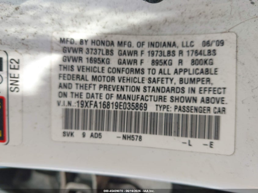 2009 Honda Civic VIN 19XFA16819E035869 IAAI salvage auction — NORMAL WEAR, Clear - Dealer Only (California), sold $1,350 on 2026-07-09 (photo 9)