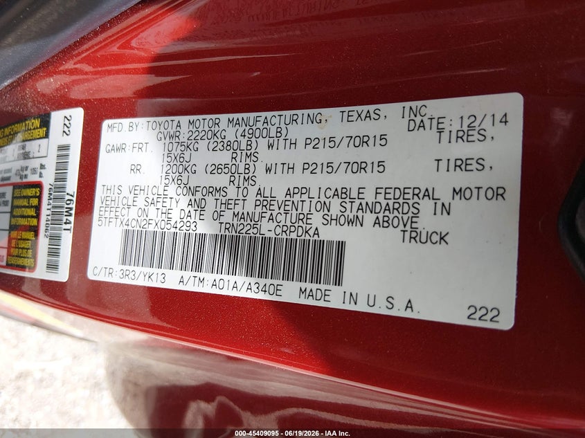 2015 Toyota Tacoma VIN 5TFTX4CN2FX054293 IAAI salvage auction — FRONT END, Salvage Title, sold $4,700 on 2026-07-27 (photo 9)