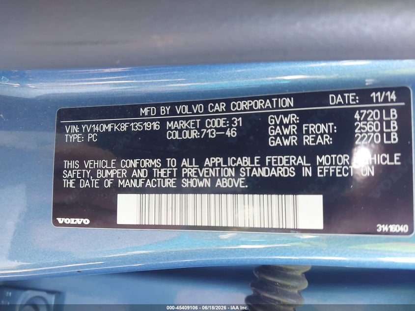 2015 Volvo S60 VIN YV140MFK8F1351916 IAAI salvage auction — NORMAL WEAR, Original (Texas), sold $875 on 2026-07-28 (photo 9)