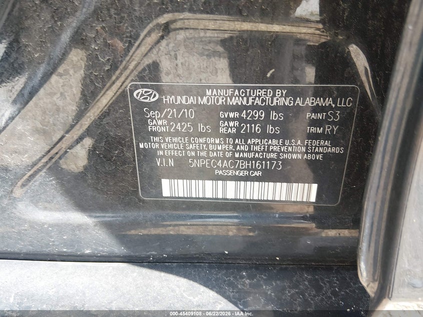 2011 Hyundai Sonata VIN 5NPEC4AC7BH161173 IAAI salvage auction — FRONT END, Salvage (Illinois), sold $25 on 2026-07-28 (photo 9)