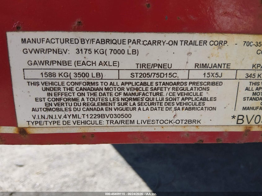 2006 Carry on 12' trailer VIN 4YMLT1229BV030500 IAAI salvage auction — REAR END, Salvage (Pennsylvania), sold $700 on 2026-07-07 (photo 9)