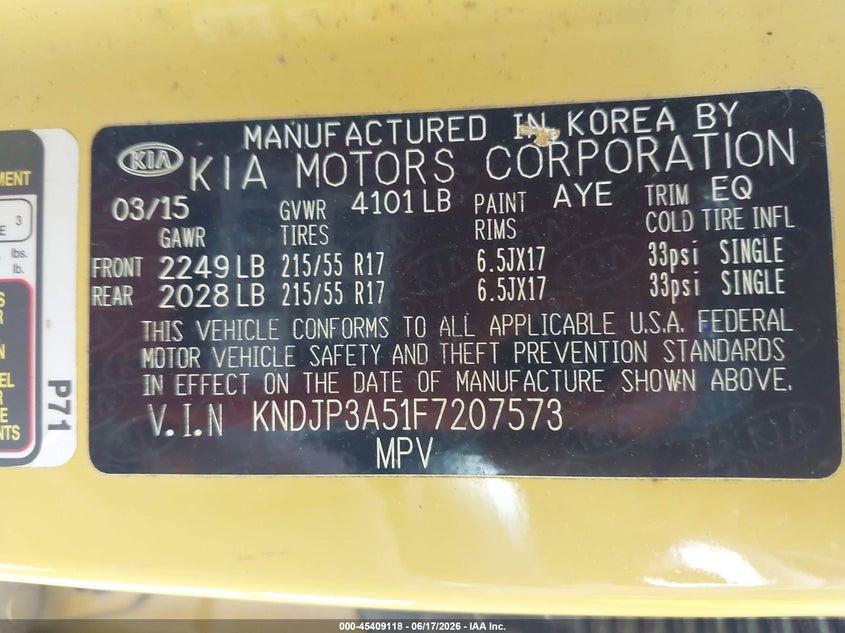 2015 Kia Soul VIN KNDJP3A51F7207573 IAAI salvage auction — FRONT & REAR, Clear (Tennessee), sold $475 on 2026-07-30 (photo 9)