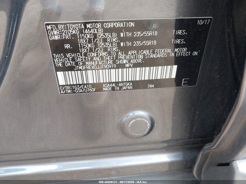 2018 Toyota VIN JTMDFREV0JJ190919 IAAI salvage auction — FRONT END, Salvage Title, sold $5,700 on 2026-07-25 (photo 9)
