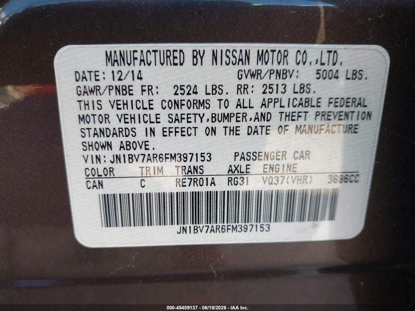 2015 Infiniti Q50 VIN JN1BV7AR6FM397153 IAAI salvage auction — NORMAL WEAR, Clear (Missouri), sold $525 on 2026-07-28 (photo 9)