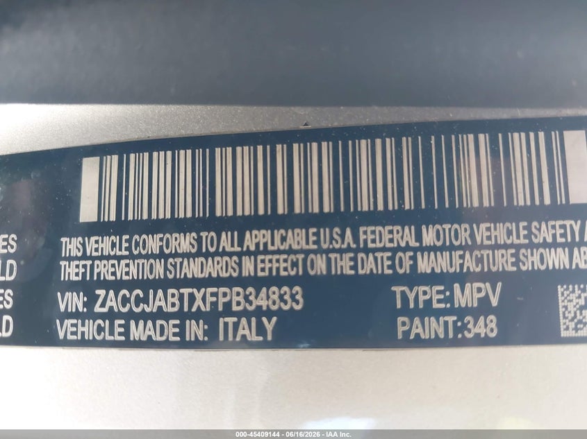 2015 Jeep Renegade VIN ZACCJABTXFPB34833 IAAI salvage auction — RIGHT FRONT, Clear - Dealer Only (California), sold $2,850 on 2026-07-29 (photo 9)