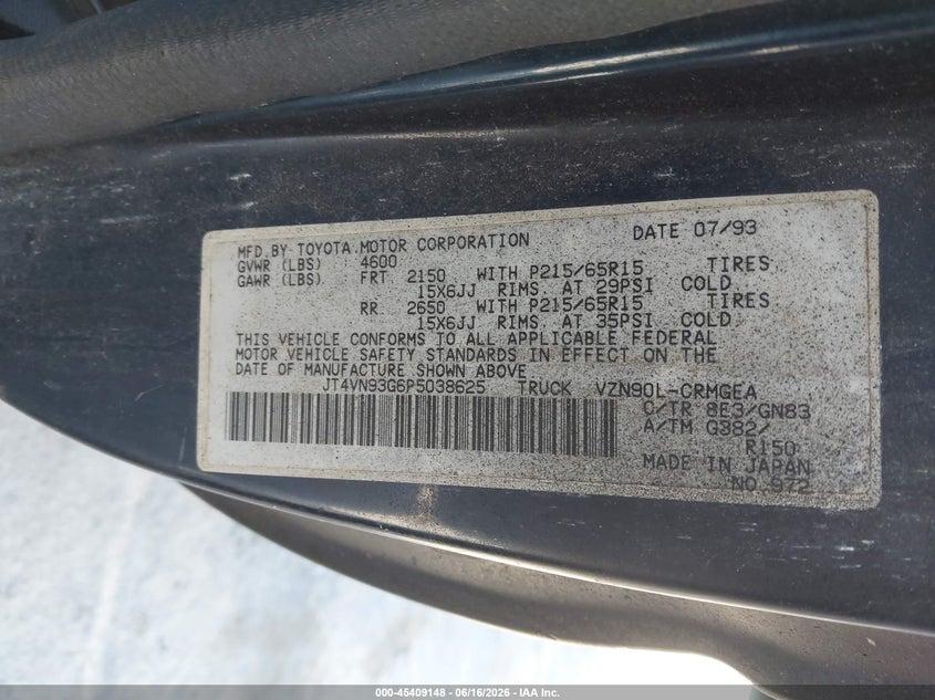 1993 Toyota Pickup VIN JT4VN93G6P5038625 IAAI salvage auction — NORMAL WEAR, Clear - Dealer Only (California), sold $1,550 on 2026-07-09 (photo 9)