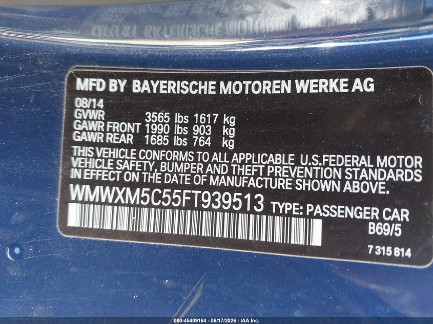 2015 Mini VIN WMWXM5C55FT939513 IAAI salvage auction — FRONT END, Salvage Title, sold $25 on 2026-07-29 (photo 9)
