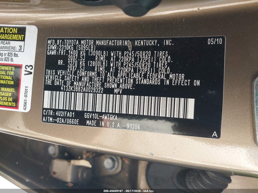 2010 Toyota Venza VIN 4T3ZK3BB2AU029322 IAAI salvage auction — FRONT END, Salvage (Georgia), sold $2,550 on 2026-07-29 (photo 9)