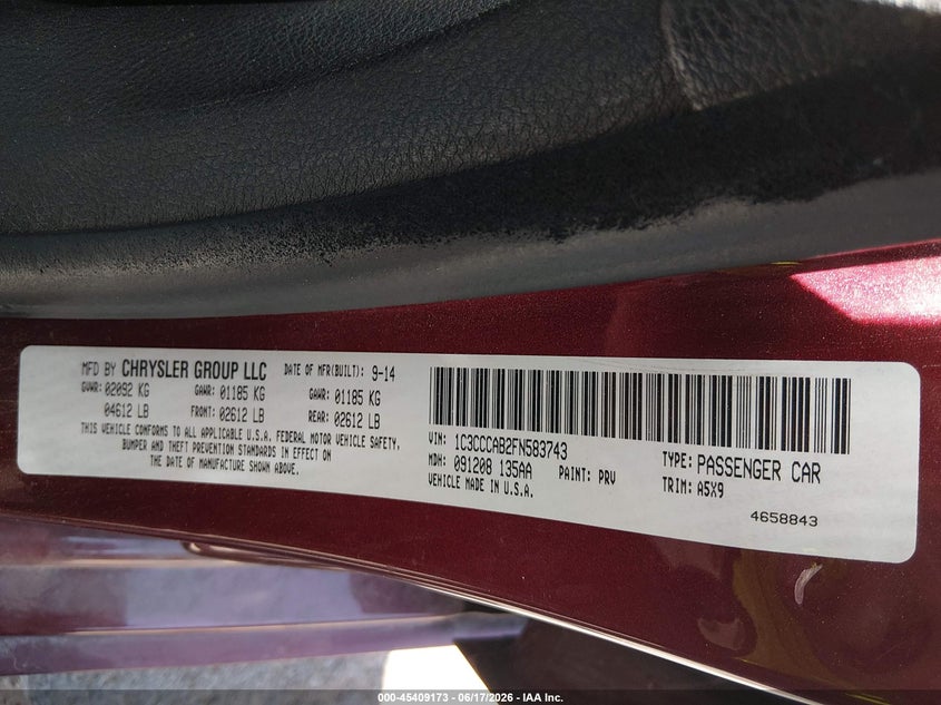 2015 Chrysler 200 VIN 1C3CCCAB2FN583743 IAAI salvage auction — NORMAL WEAR, Clear (New Mexico), sold $1,050 on 2026-07-22 (photo 9)