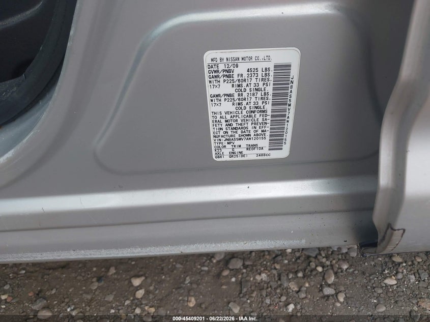2010 Nissan Rogue VIN JN8AS5MV7AW120155 IAAI salvage auction — RIGHT FRONT, Mv-907A (New York), sold $425 on 2026-07-14 (photo 9)
