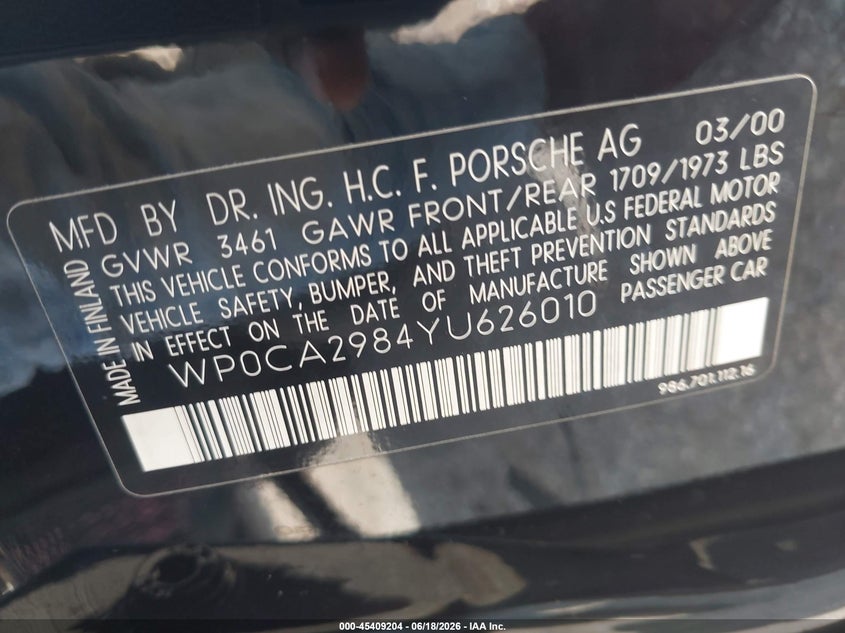 2000 Porsche Boxster VIN WP0CA2984YU626010 IAAI salvage auction — REAR END, Original (Texas), sold $3,550 on 2026-07-22 (photo 9)