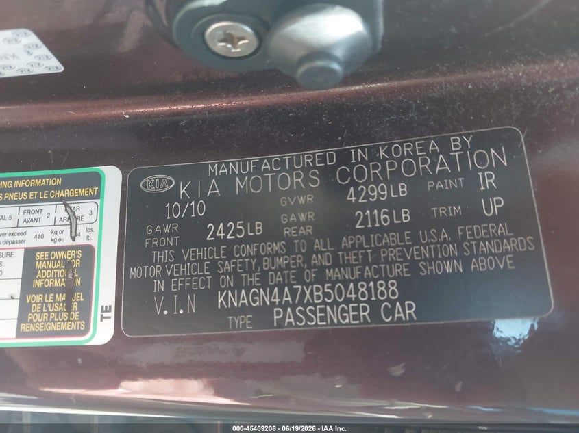 2011 Kia Optima VIN KNAGN4A7XB5048188 IAAI salvage auction — FRONT & REAR, Salvage (Utah), sold $475 on 2026-07-09 (photo 9)