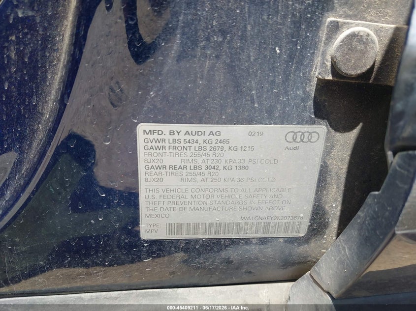 2019 Audi Q5 VIN WA1CNAFY2K2073678 IAAI salvage auction — REAR END, Salvage (Texas), sold $5,700 on 2026-07-21 (photo 9)