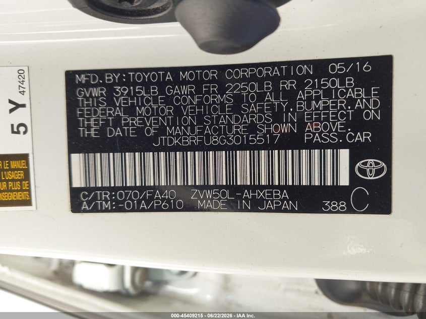 2016 Toyota Prius VIN JTDKBRFU8G3015517 IAAI salvage auction — SIDE, Salvage (California), sold $4,450 on 2026-07-10 (photo 9)
