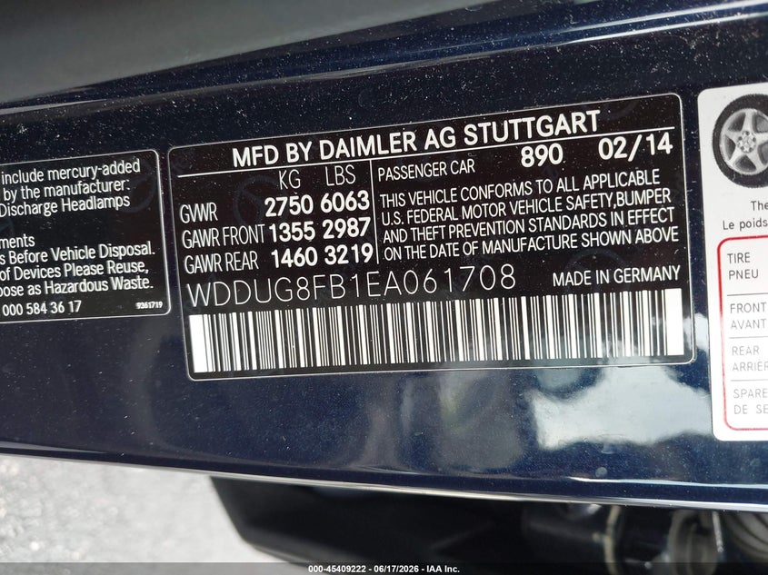 2014 Mercedes-benz VIN WDDUG8FB1EA061708 IAAI salvage auction — FRONT & REAR, Salvage Title, sold $2,850 on 2026-07-30 (photo 9)