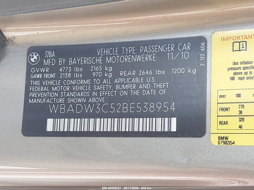2011 BMW 3er VIN WBADW3C52BE538954 IAAI salvage auction — FRONT END, Bill Of Sale (Washington), sold $425 on 2026-07-15 (photo 9)