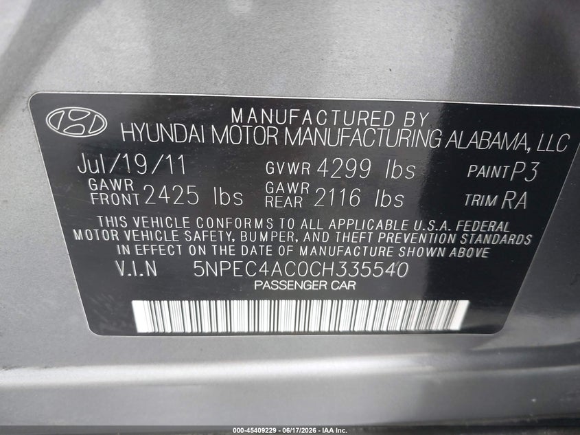 2012 Hyundai Sonata VIN 5NPEC4AC0CH335540 IAAI salvage auction — LEFT & RIGHT, Repossession Paperwork (Georgia), sold $1,425 on 2026-07-14 (photo 9)