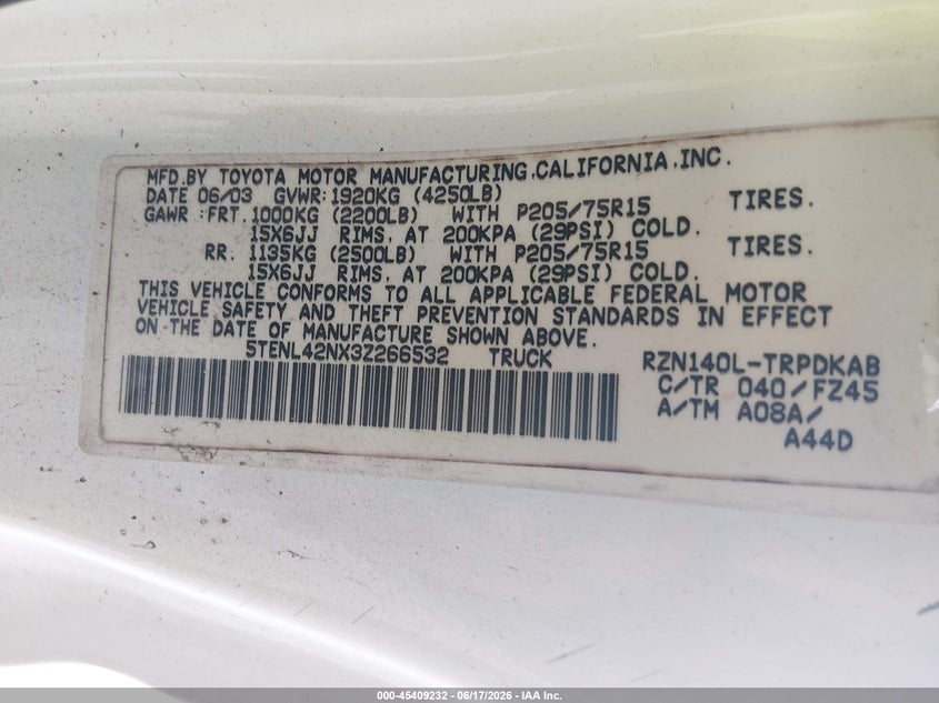 2003 Toyota Tacoma VIN 5TENL42NX3Z266532 IAAI salvage auction — NORMAL WEAR, Clear (Florida), sold $2,450 on 2026-07-14 (photo 9)