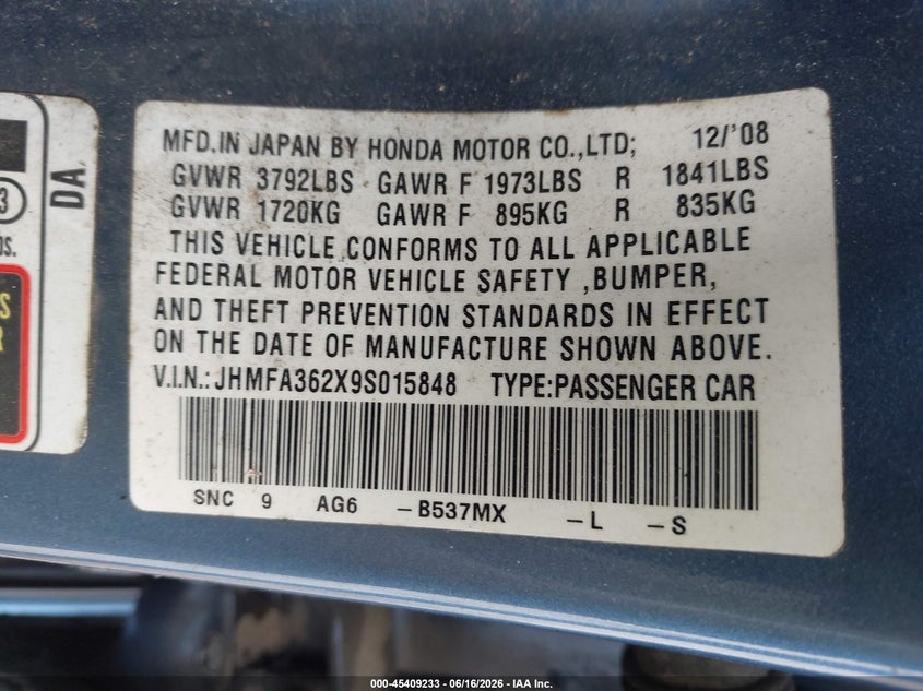 2009 Honda Civic hybrid VIN JHMFA362X9S015848 IAAI salvage auction — NORMAL WEAR, Clear (Tennessee), sold $300 on 2026-07-22 (photo 9)