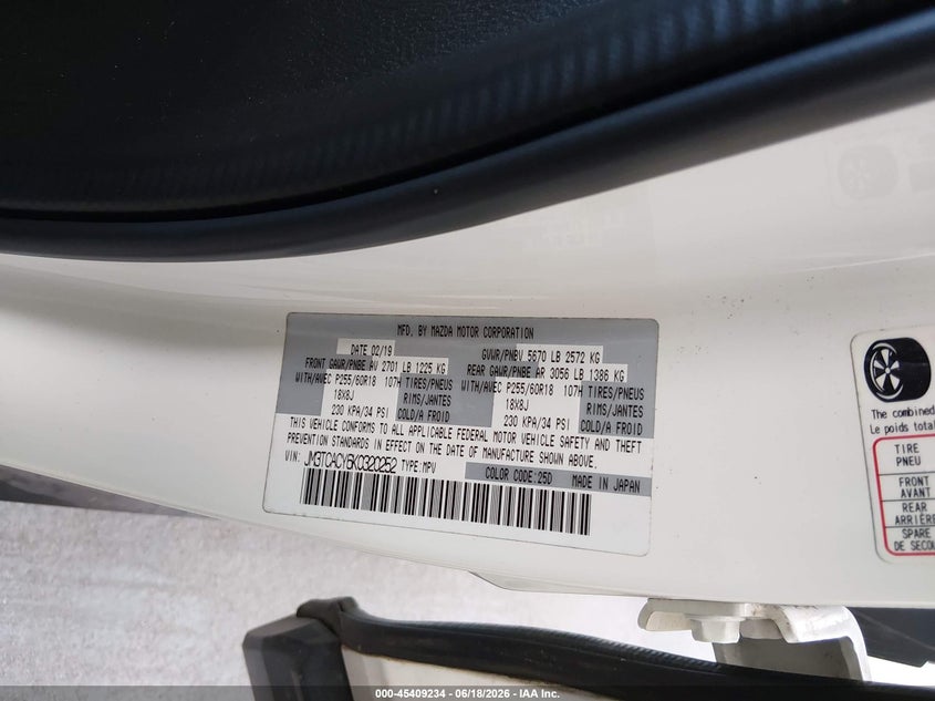 2019 Mazda Cx-9 VIN JM3TCACY6K0320252 IAAI salvage auction — FRONT & REAR, Salvage Title, sold $2,800 on 2026-07-22 (photo 9)