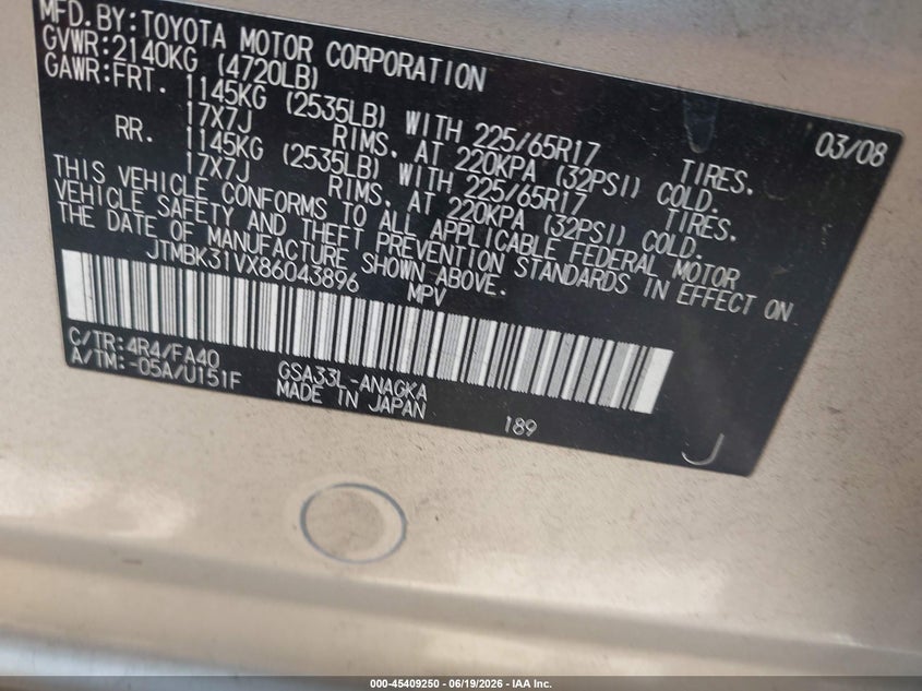 2008 Toyota Rav4 VIN JTMBK31VX86043896 IAAI salvage auction — LEFT REAR, Salvage (North Carolina), sold $1,125 on 2026-07-15 (photo 9)