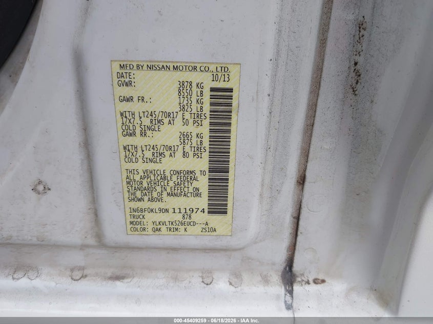 2013 Nissan Nv VIN 1N6BF0KL9DN111974 IAAI salvage auction — UNKNOWN, Salvage (Hawaii), sold $8,000 on 2026-07-26 (photo 9)