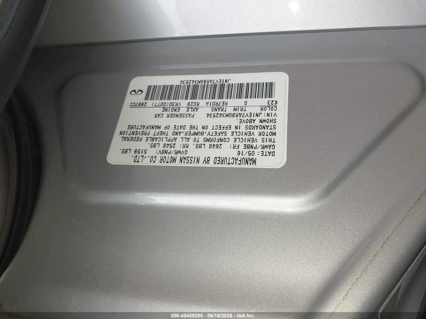 2016 Infiniti Q50 VIN JN1EV7AR9GM342534 IAAI salvage auction — NORMAL WEAR, Clear (Illinois), sold $1,275 on 2026-07-29 (photo 9)