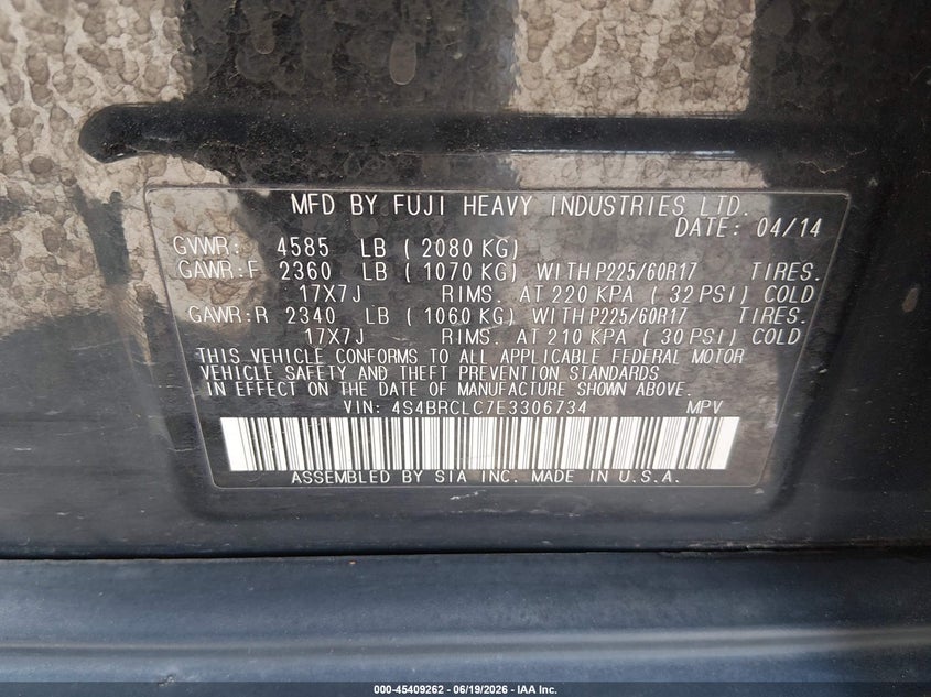 2014 Subaru Outback VIN 4S4BRCLC7E3306734 IAAI salvage auction — FRONT END, Clear (Indiana), sold $1,050 on 2026-07-29 (photo 9)