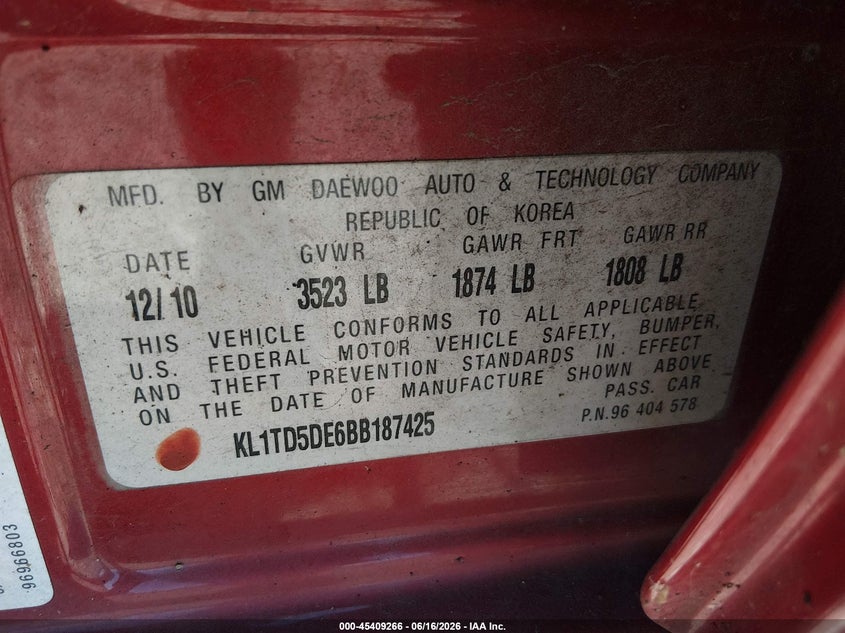 2011 Chevrolet Aveo VIN KL1TD5DE6BB187425 IAAI salvage auction — NORMAL WEAR, Peddle Clear Public-Restricted (Oregon), sold $700 on 2026-07-13 (photo 9)